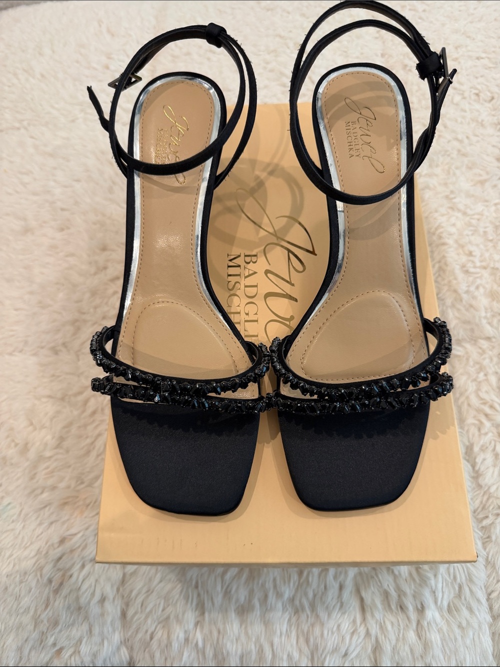 Jewel Badgley Mischka Black Braided-Strap Square-Toe Ankle-Strap Sandals